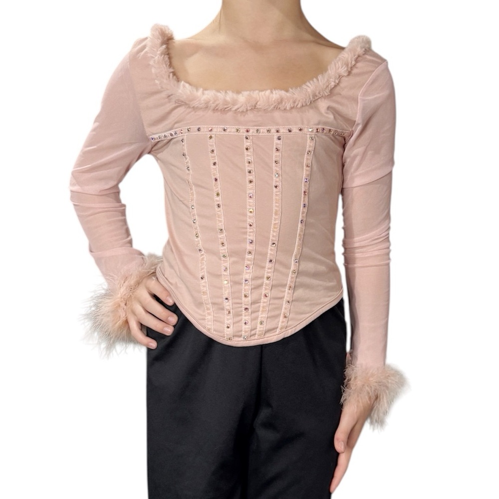 Elegant Light Pink Long Sleeve Scoop Neck Top Faux Fur Trim, Small - Picture 1 of 4